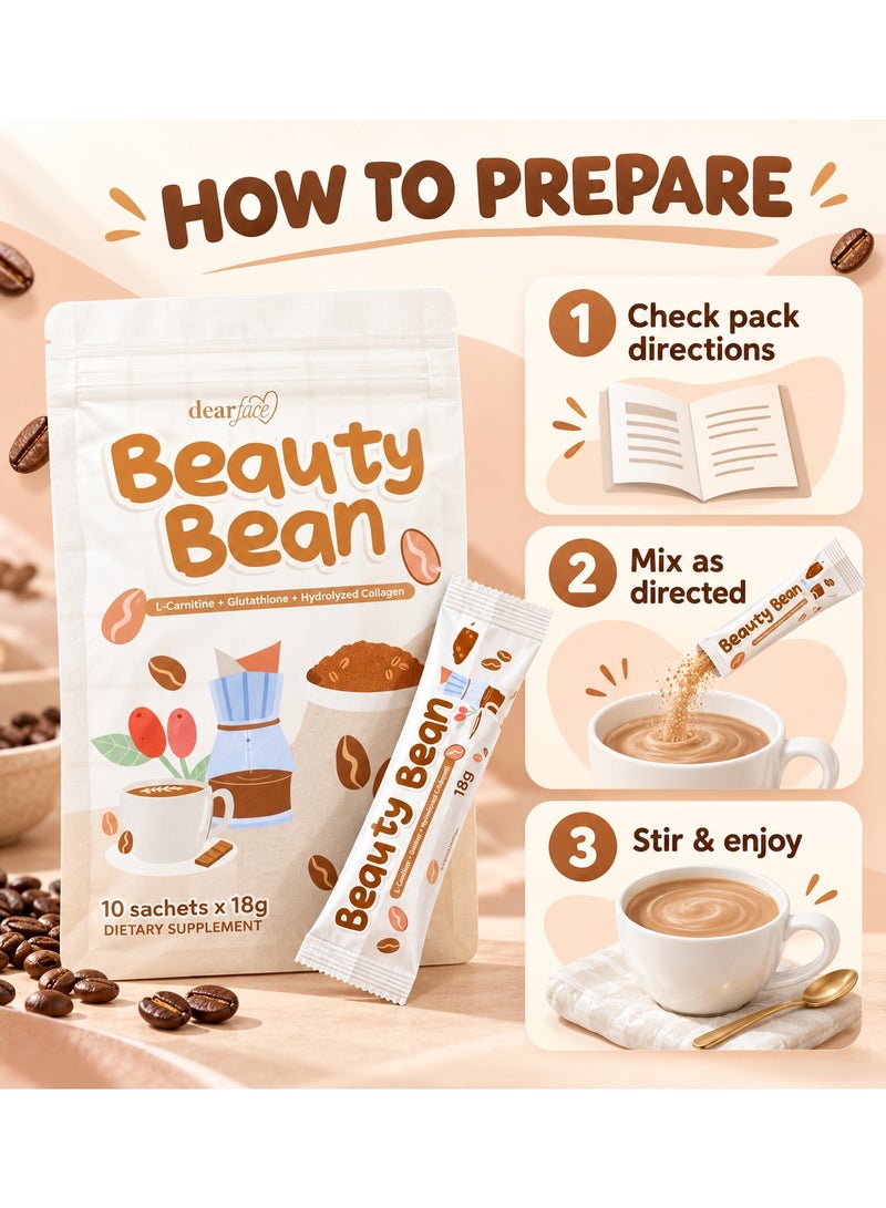 Dear Face Beauty Bean Slimming Coffee – Korean Mocha Coffee with L-Carnitine, Glutathione, Collagen & Probiotics – 10 Sachets x 18g - Image 2