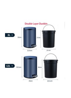 Generic Stainless Steel Double Layer Dustbin with Pedal and Lid For Bathroom Kitchen,Silent Lidded Trash Bin,Fingerprint-Proof Modern Garbage Can,Round Bucket with Handle for Home Office (White, 8L)  - Image 3