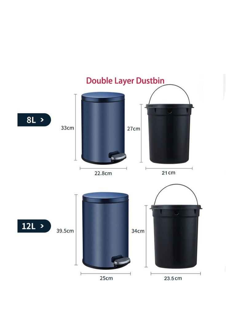 Stainless Steel Double Layer Dustbin with Pedal and Lid For Bathroom Kitchen,Silent Lidded Trash Bin,Fingerprint-Proof Modern Garbage Can,Round Bucket with Handle for Home Office (White, 8L)  - Image 3