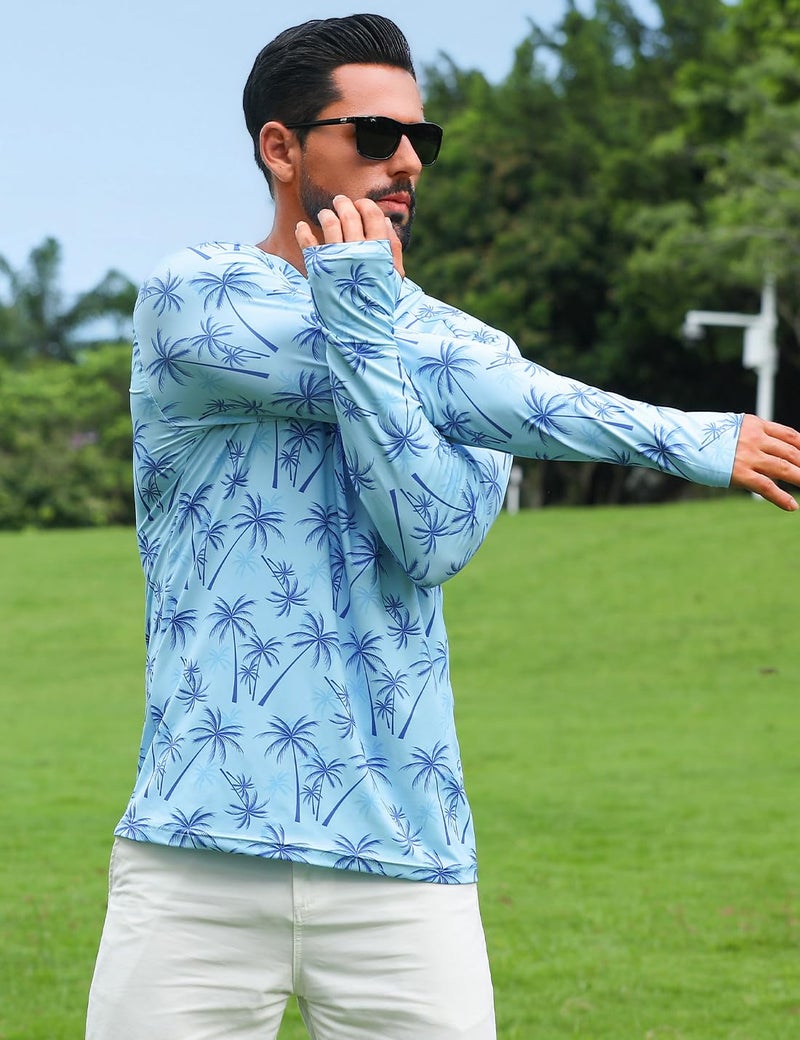 iCKER Men's UPF 50+ Sun Protection Hoodie Shirt Rash Guard Long Sleeve Shirt UV Fishing Outdoor Hiking Swimming Running-Coconut Tree Blue-Large - Image 4