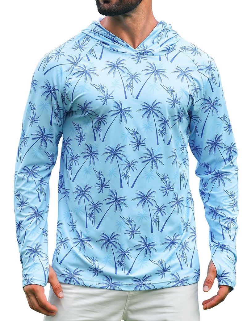 iCKER Men's UPF 50+ Sun Protection Hoodie Shirt Rash Guard Long Sleeve Shirt UV Fishing Outdoor Hiking Swimming Running-Coconut Tree Blue-Large - Image 1