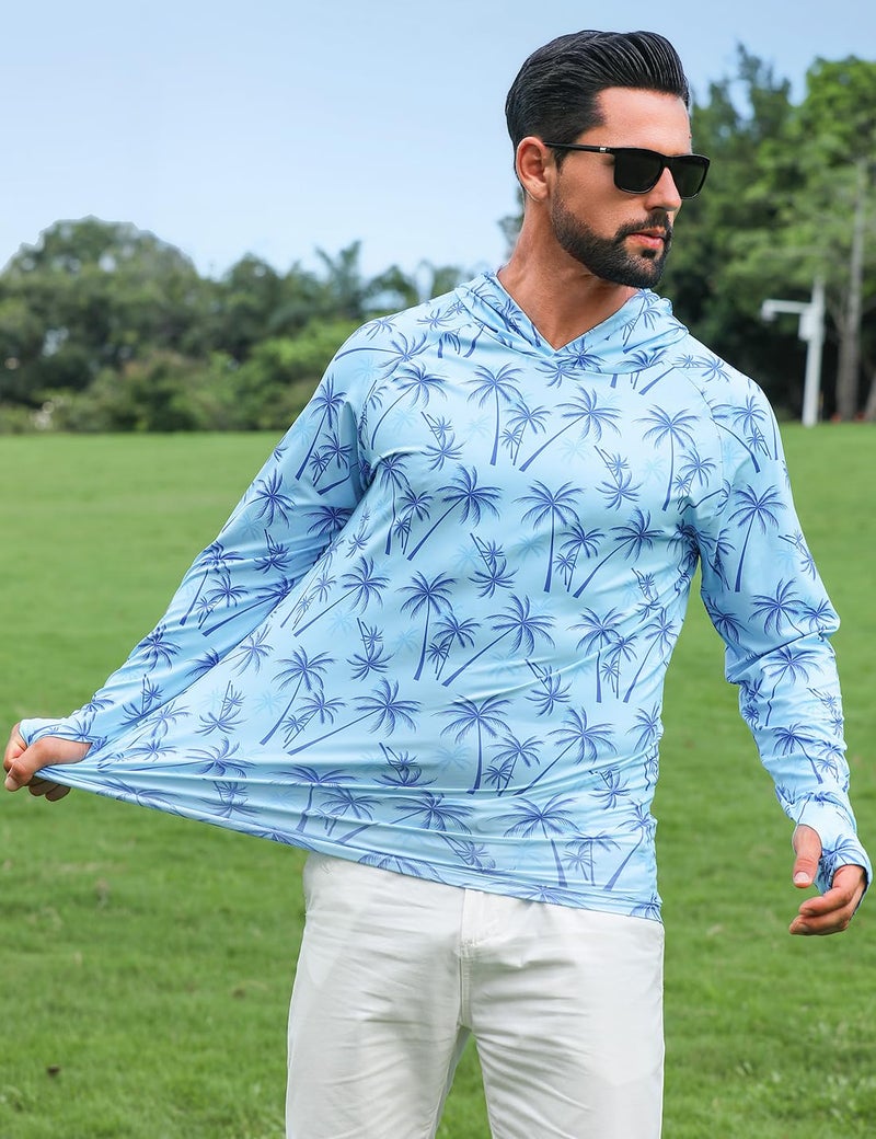 iCKER Men's UPF 50+ Sun Protection Hoodie Shirt Rash Guard Long Sleeve Shirt UV Fishing Outdoor Hiking Swimming Running-Coconut Tree Blue-Large - Image 3
