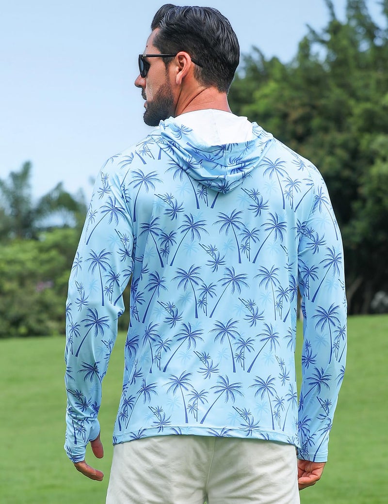iCKER Men's UPF 50+ Sun Protection Hoodie Shirt Rash Guard Long Sleeve Shirt UV Fishing Outdoor Hiking Swimming Running-Coconut Tree Blue-Large - Image 2