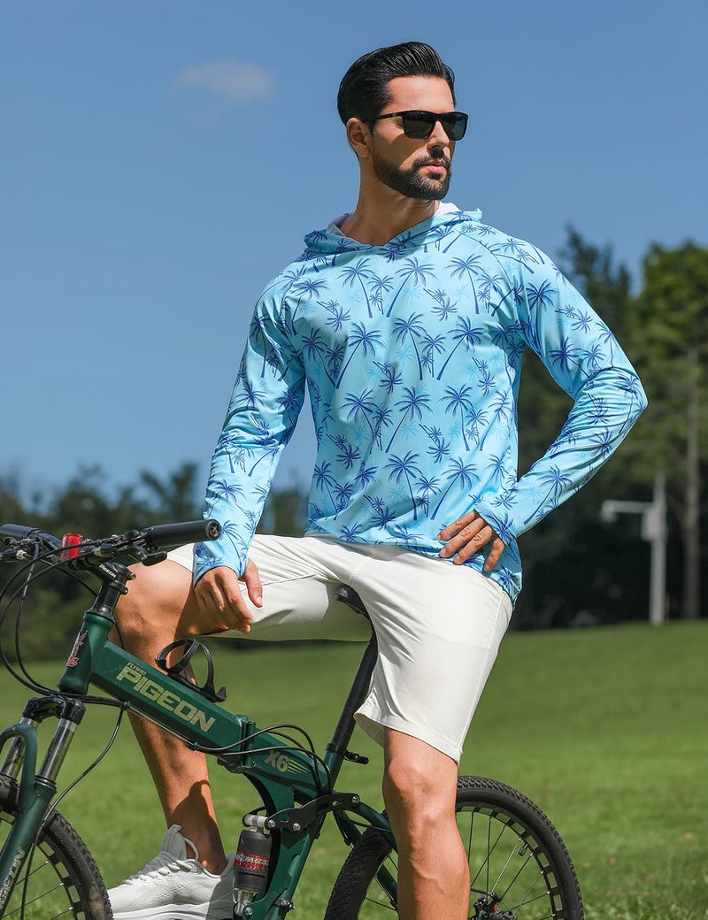 iCKER Men's UPF 50+ Sun Protection Hoodie Shirt Rash Guard Long Sleeve Shirt UV Fishing Outdoor Hiking Swimming Running-Coconut Tree Blue-Large - Image 5