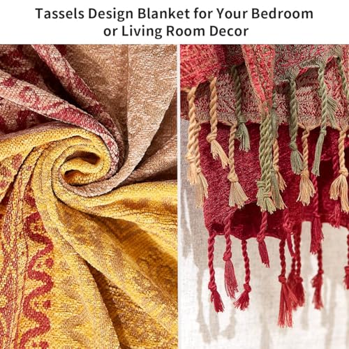 amorus Bohemian Throw Blankets Chenille Jacquard Tassels Soft Chair Cover for Bed Couch Decorative Sofa Throw Blankets - Colorful Tribal Pattern (Red, 60x75 Inches) - Image 5