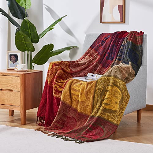 amorus Bohemian Throw Blankets Chenille Jacquard Tassels Soft Chair Cover for Bed Couch Decorative Sofa Throw Blankets - Colorful Tribal Pattern (Red, 60x75 Inches) - Image 3