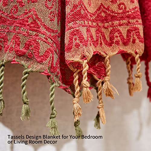 amorus Bohemian Throw Blankets Chenille Jacquard Tassels Soft Chair Cover for Bed Couch Decorative Sofa Throw Blankets - Colorful Tribal Pattern (Red, 60x75 Inches) - Image 2