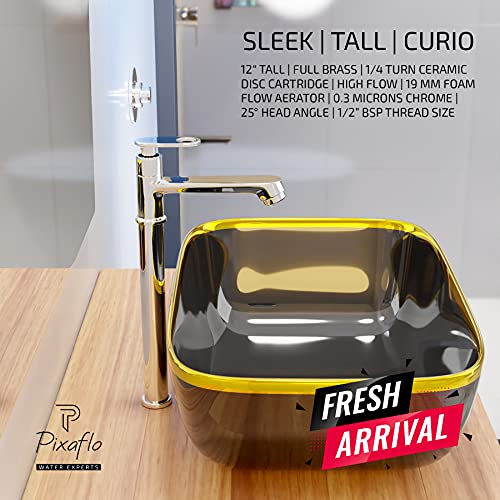 Pixaflo Curio Brass Extended Tall Body Pillar Cock 12 inch Tap for Wash Basin | Deck Mounted | Cold Water Tap (Not Hot & Cold Mixer) | Counter Top/Table Top Faucet | Foam Flow | Chrome Finish - Image 4