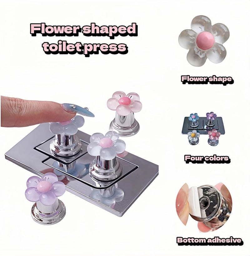 BUBBLE-FLY Flower Toilet Button Press for Long Nails, Universal Flush Sticker, No-Touch Sanitary Adhesive for Bathroom-Cute Cabinet Pull Handle for Girls 4 Pack - Image 2