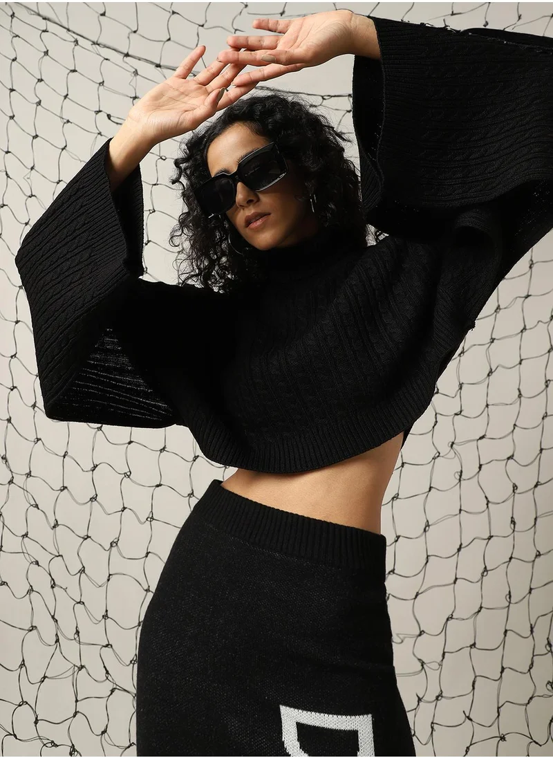هوبرهولمي Women's Black 100% Acrylic Solid Cropped Midi Bodycon Boxy Fit Co-Ords