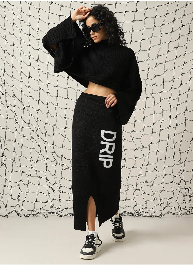 هوبرهولمي Women's Black 100% Acrylic Solid Cropped Midi Bodycon Boxy Fit Co-Ords