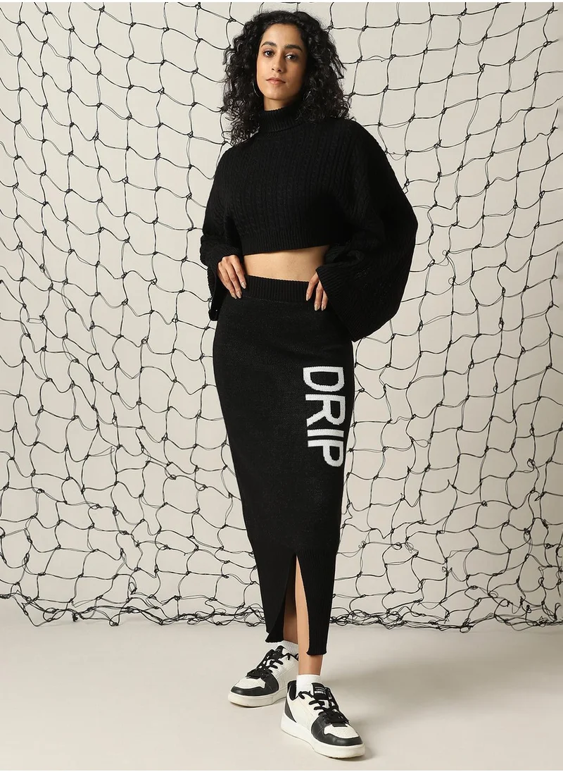 هوبرهولمي Women's Black 100% Acrylic Solid Cropped Midi Bodycon Boxy Fit Co-Ords