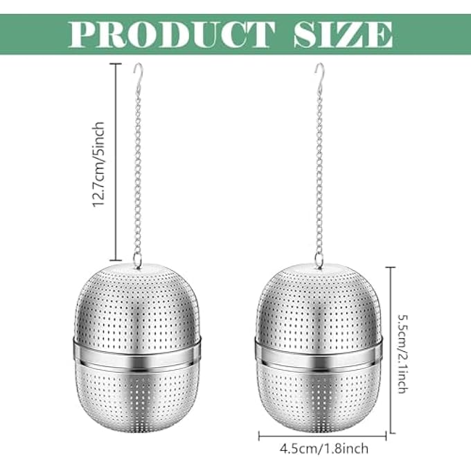 تخيل قطعتان من كرات مصفاة الشاي، كرة مصفاة الشاي للشاي ذو الأوراق السائبة، مصفاة التوابل، شبكة من الفولاذ المقاوم للصدأ، وصلة ملولبة دقيقة، سلسلة 5 بوصات مع صينية تنقيط - Image 4