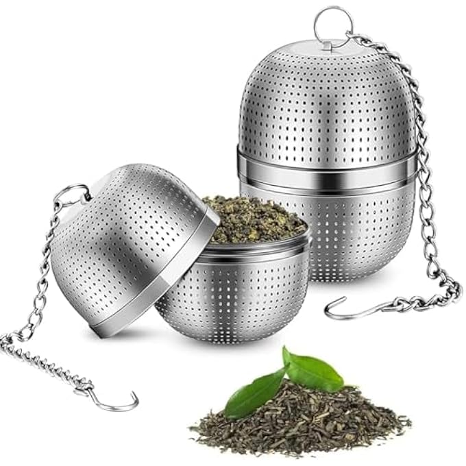 تخيل قطعتان من كرات مصفاة الشاي، كرة مصفاة الشاي للشاي ذو الأوراق السائبة، مصفاة التوابل، شبكة من الفولاذ المقاوم للصدأ، وصلة ملولبة دقيقة، سلسلة 5 بوصات مع صينية تنقيط - Image 1