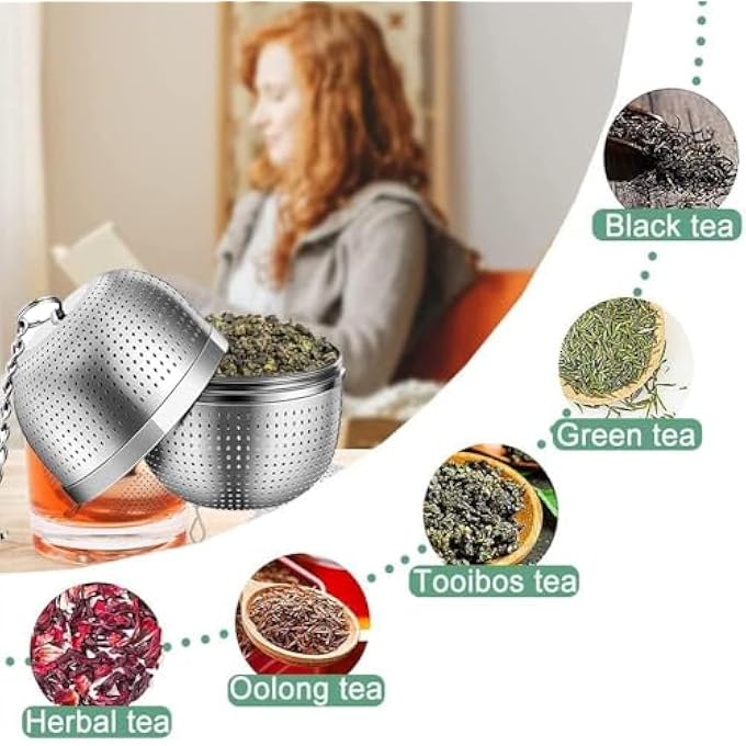 تخيل قطعتان من كرات مصفاة الشاي، كرة مصفاة الشاي للشاي ذو الأوراق السائبة، مصفاة التوابل، شبكة من الفولاذ المقاوم للصدأ، وصلة ملولبة دقيقة، سلسلة 5 بوصات مع صينية تنقيط - Image 3