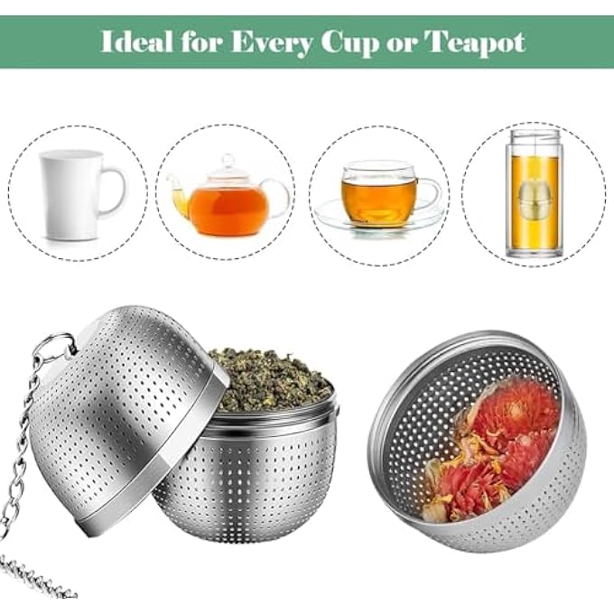 تخيل قطعتان من كرات مصفاة الشاي، كرة مصفاة الشاي للشاي ذو الأوراق السائبة، مصفاة التوابل، شبكة من الفولاذ المقاوم للصدأ، وصلة ملولبة دقيقة، سلسلة 5 بوصات مع صينية تنقيط - Image 5