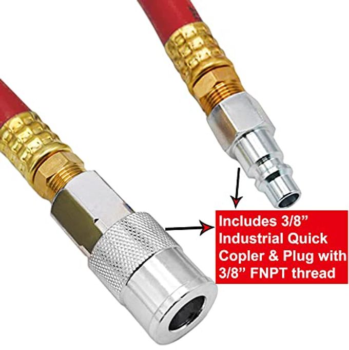yotoo Air Hose 1/2 in. x 50 ft, 300 PSI Hybrid Air Compressor Hose, Heavy Duty, Lightweight, Kink Resistant, All-Weather Flexibility with Bend Restrictors, 3/8" and 1/4" Air Fittings Kit, Red - Image 3