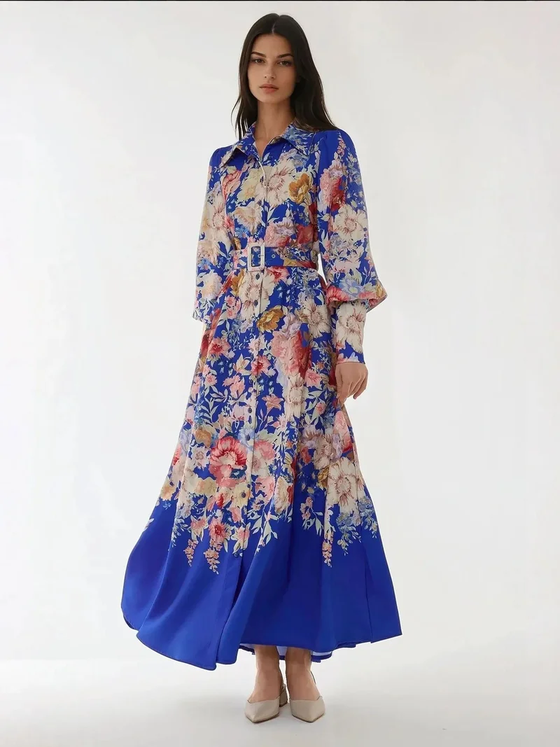زوبعة فستان ماكسي طويل الأكمام بطبعة مع حزام