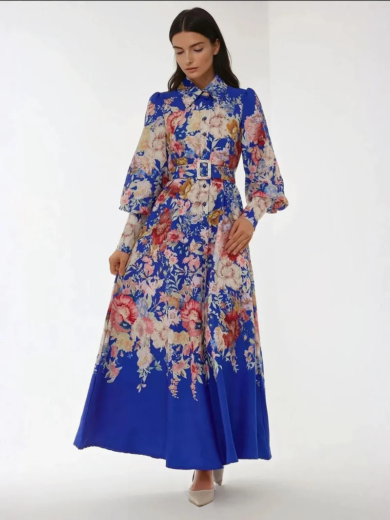 زوبعة فستان ماكسي طويل الأكمام بطبعة مع حزام