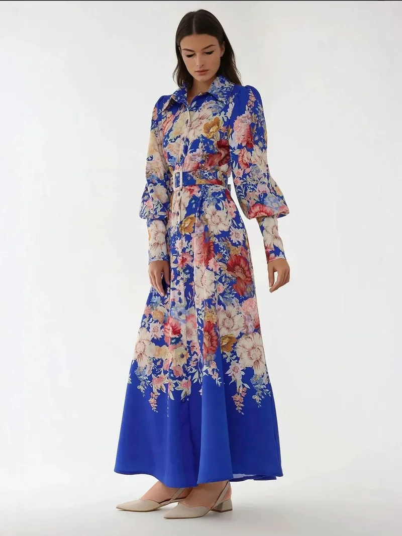 HICCUP Moroccan Blue Printed Long Sleeve Maxi Dress with Belt for Women | Best Price UAE