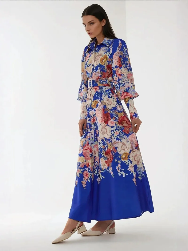 HICCUP Moroccan Blue Printed Long Sleeve Maxi Dress with Belt for Women | Best Price UAE
