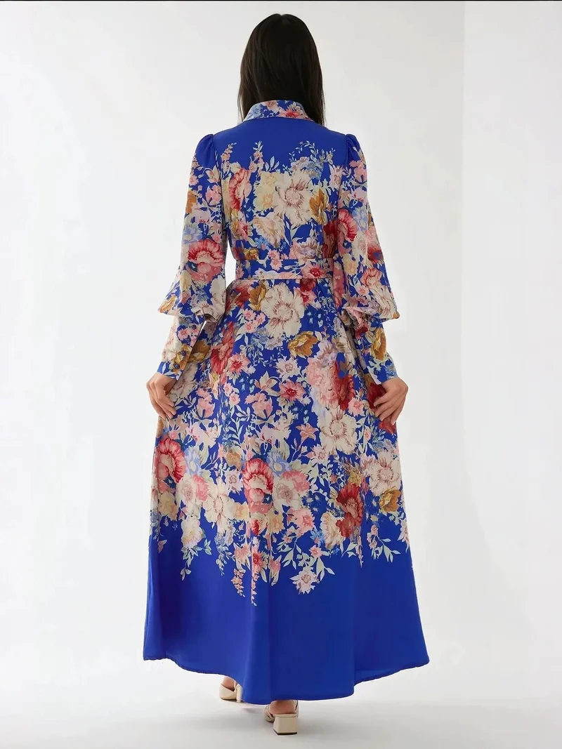 HICCUP Moroccan Blue Printed Long Sleeve Maxi Dress with Belt for Women | Best Price UAE