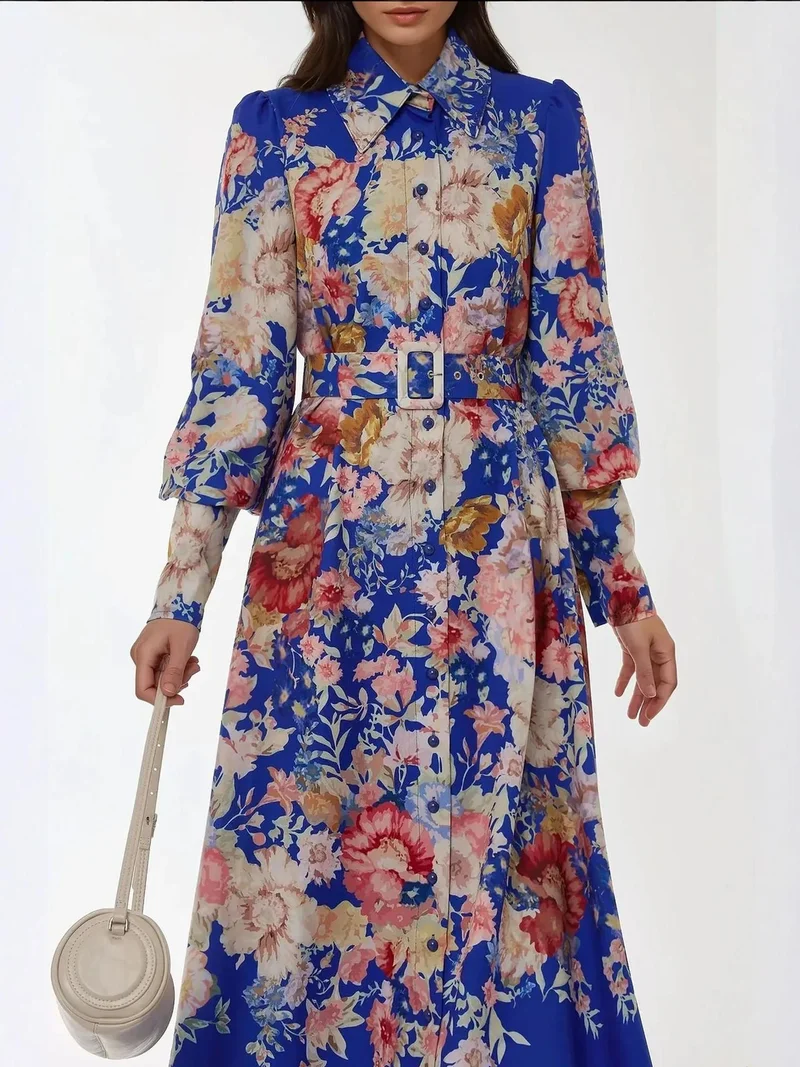 HICCUP Moroccan Blue Printed Long Sleeve Maxi Dress with Belt for Women | Best Price UAE