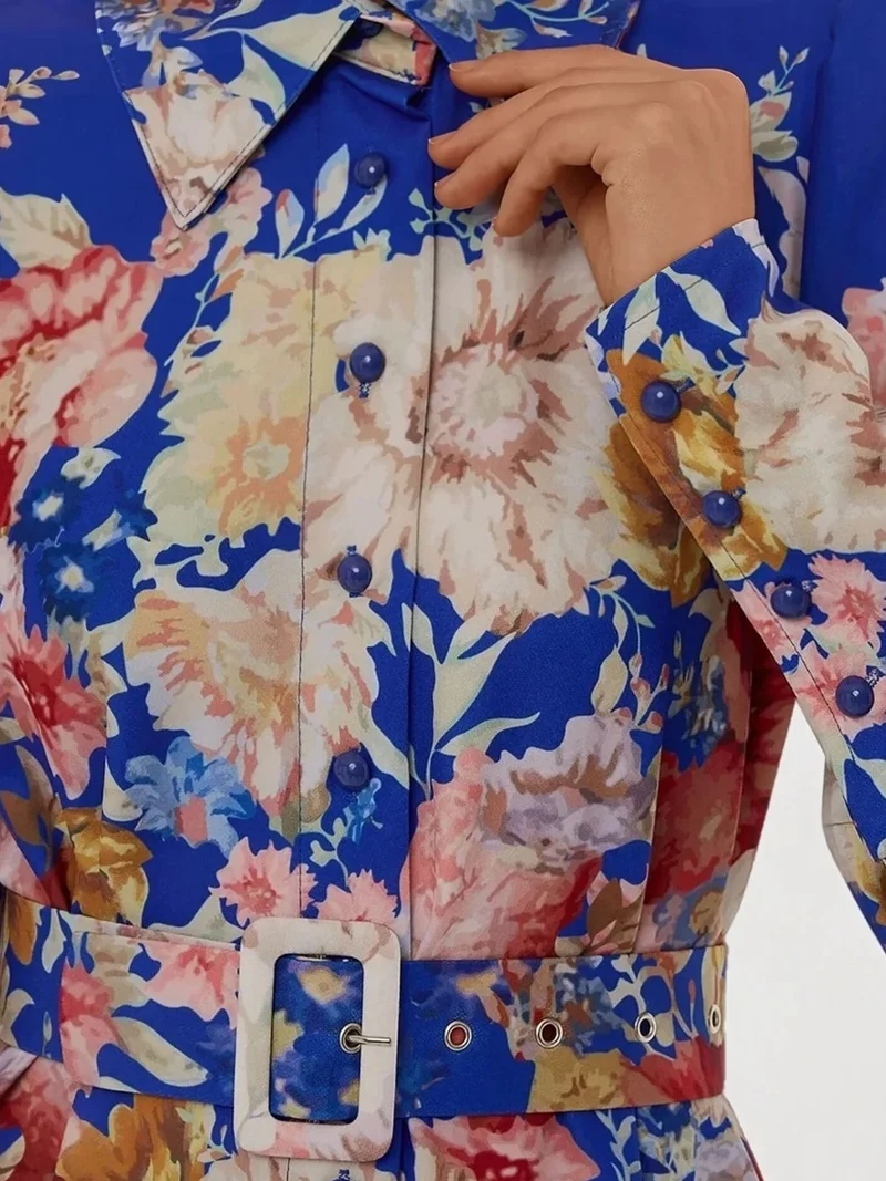 HICCUP Moroccan Blue Printed Long Sleeve Maxi Dress with Belt for Women | Best Price UAE