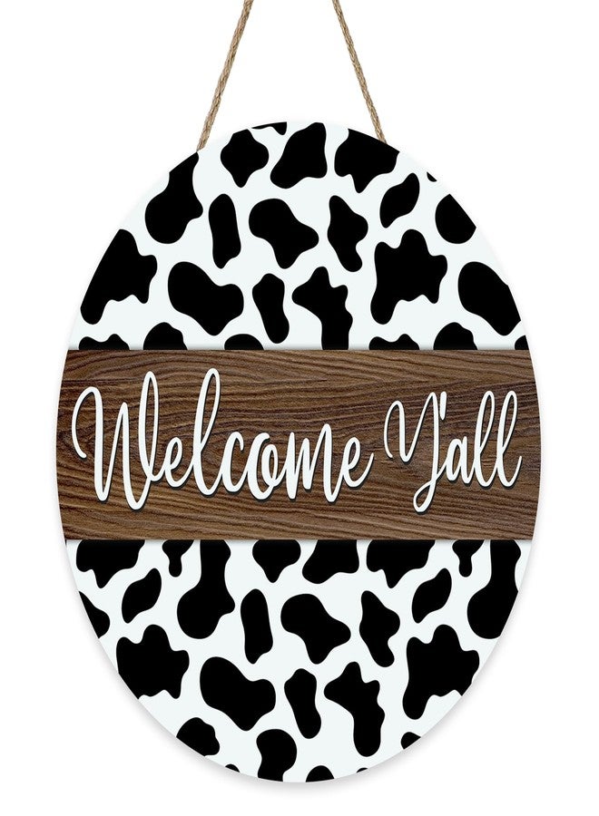 Bolisom Welcome Y'all Cow Print Front Door Sign, Rustic Western Country Cottage Wood Plaque Hanger Outdoor Outside Porch Home Decor, Farmhouse Wooden Wreath Indoor Wall Hanging Decoration - Image 1