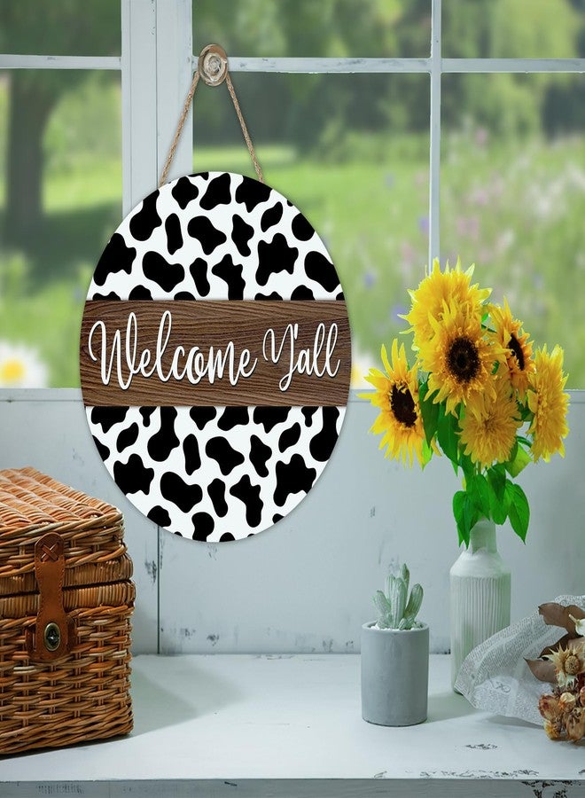Bolisom Welcome Y'all Cow Print Front Door Sign, Rustic Western Country Cottage Wood Plaque Hanger Outdoor Outside Porch Home Decor, Farmhouse Wooden Wreath Indoor Wall Hanging Decoration - Image 5