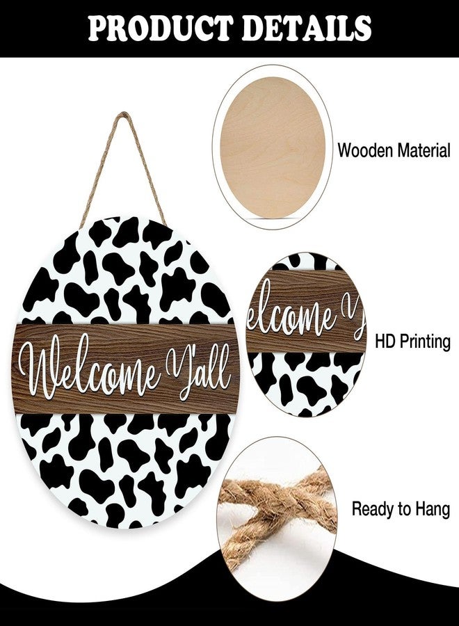 Bolisom Welcome Y'all Cow Print Front Door Sign, Rustic Western Country Cottage Wood Plaque Hanger Outdoor Outside Porch Home Decor, Farmhouse Wooden Wreath Indoor Wall Hanging Decoration - Image 3