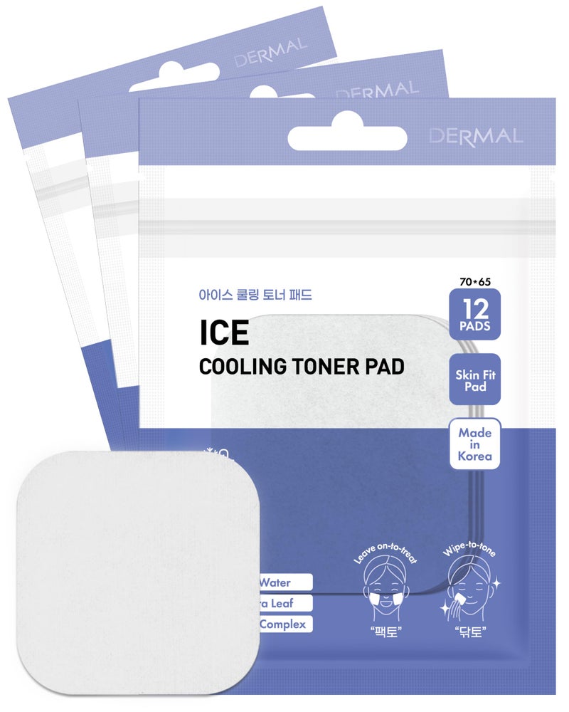DERMAL Ice Cooling Toner Pad - Korean Soothing & Hydrating Toner Pads with Aloe Vera - After Suncare, Sunburn Relief, Redness Relief - Vegan Square Pads - Travel Kit 12 ea, 3 Pack (Total 36 ea) - Image 1