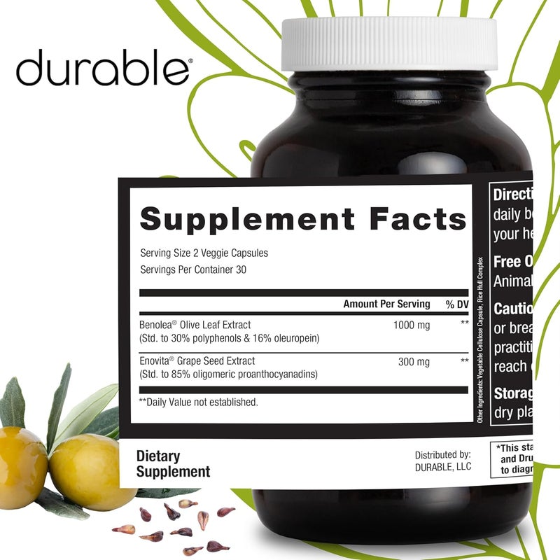 Durable Blood Pressure  Benolea Olive Leaf  Enovita Grape Seed Extract TwoinOne Formula Boosts Nitric Oxide Supports Vascular Health Made in USA DoctorFormulated 60 Count Pack of 3 - Image 5