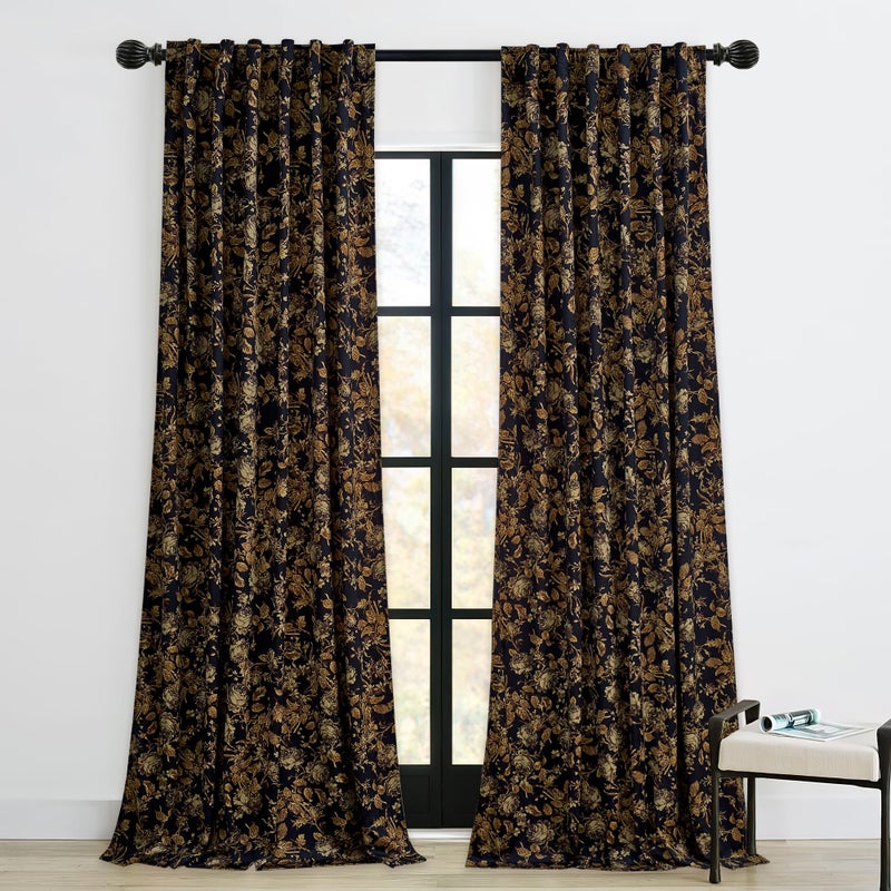 StangH Gold Velvet Curtains 84 inches, Retro Vintage Print Floral Thermal Insulated Privacy Drapes Heavy Thick Room Dividers for Living Dining Room, W52 x L84, 2 Panels - Image 1