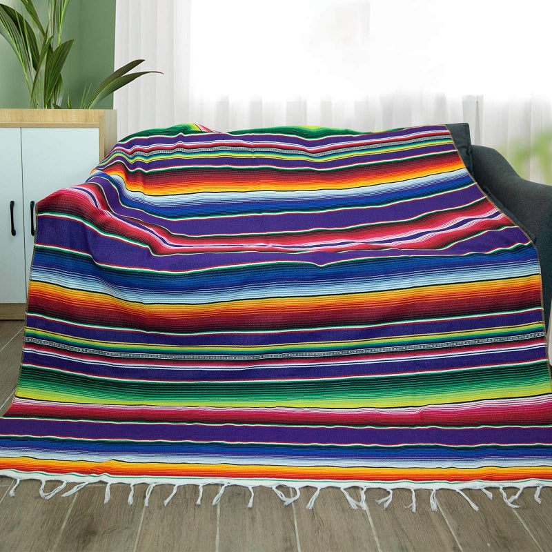 eccbox 84 X 59 Inch Large Mexican Serape Blanket with Assorted Bright Colors Mexican Tablecloth for Mexican Wedding Party Decorations Purple