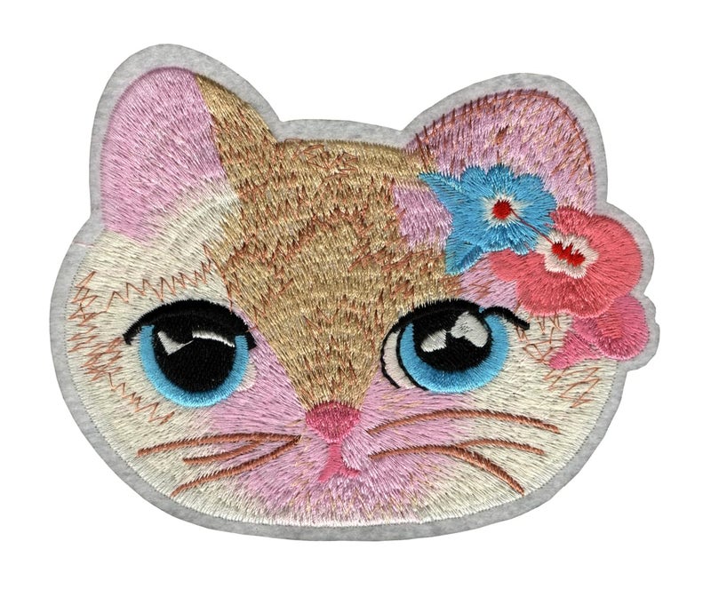 Generic Cat with Flowers Animal Applique Embroidered Sew-on Patch ; Size: 14.5cm x 12cm for Jackets, Bags, T-Shirts, Jeans, Outdoor Clothing ; Imported from Malaysia (1 Piece). (Code: L-26)  - Image 1