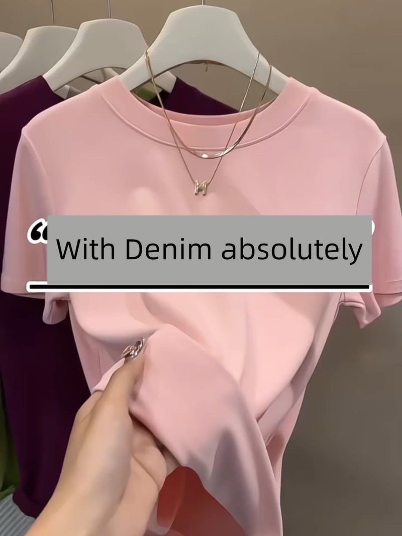 High-end yellow shoulder short-sleeved t-shirt, women's summer temperament, versatile fashion T-shirt, slimming round neck base top - Image 1