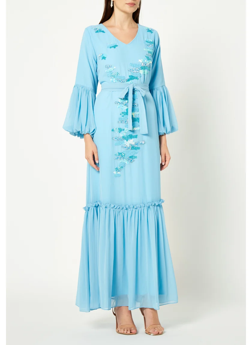 Amri Embroidered Frilled Chiffon Long Dress With V-Neckline And Long Frilled Sleeve