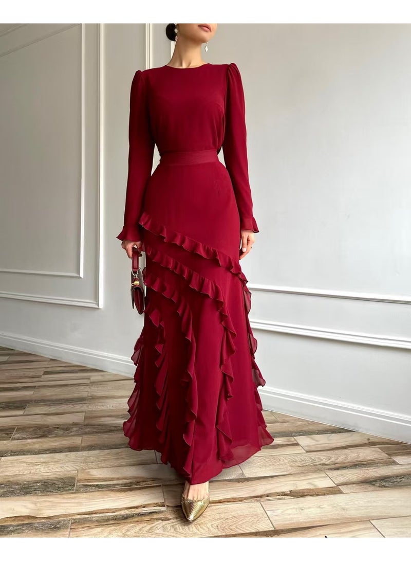 Three-dimensional Ruffled Slim Fit Long Dress Two-piece Set