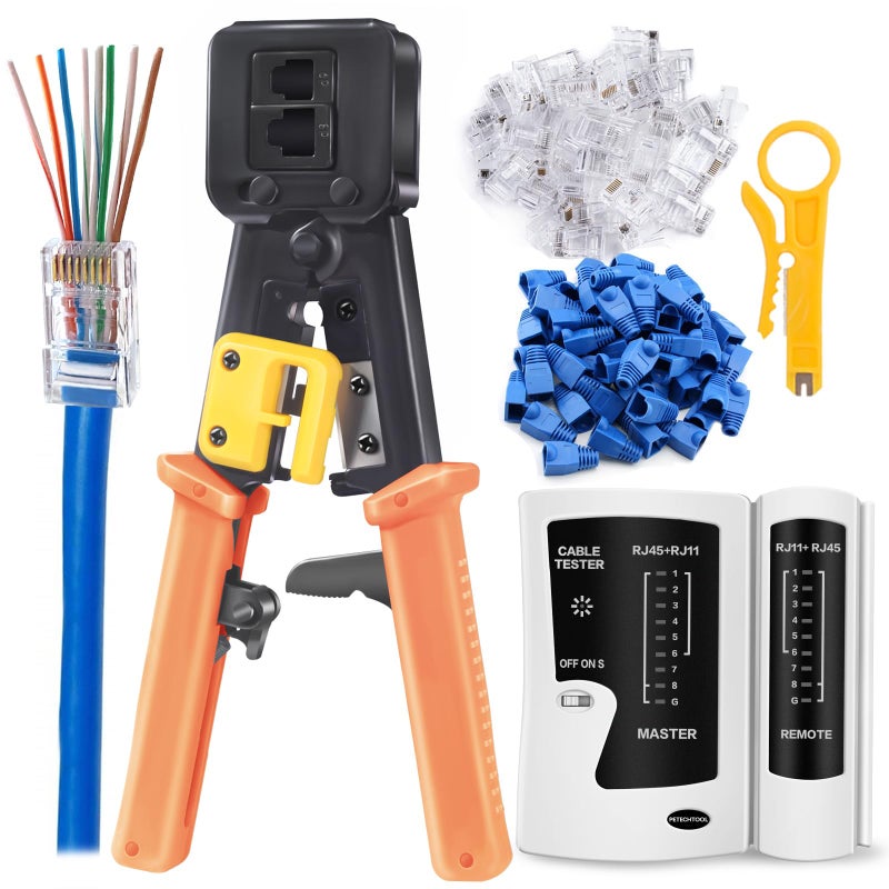 RJ45 Crimp Tool Ethernet Crimper for RJ45 Cat6 Cat5 Cat5e Pass Through Connectors and RJ12 Plug Ends with 50PCS Cat6 Connectors Ethernet Cable Tester and Mini Wire Stripper