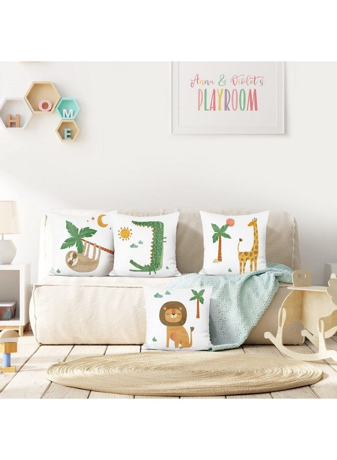 Jungle Animals Throw Pillow Covers 18X18 Set Of 4 Giraffe Lion Crocodile Sloth Decorative Pillows Case Soft Velvet Cushion Covers For Kids Baby Nursery Decor