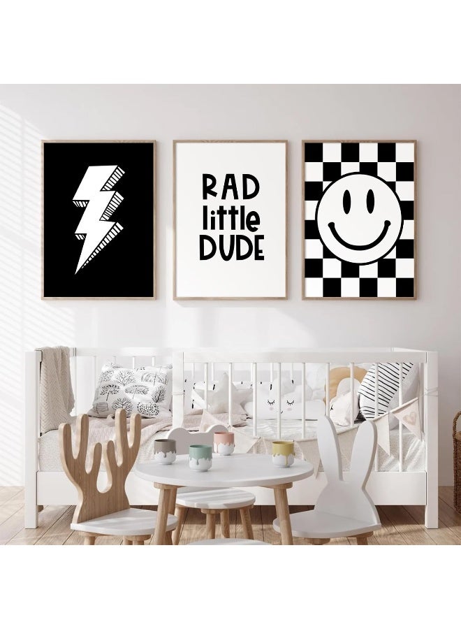 Joocrise Boys Room Wall Art Decor Set of 3 Toddler Nursery Canvas Wall Art Baby Kids Wall Decor Black Checkered Smiley Poster Pictures Retro Playroom Rad Little Dude Art Prints for Bedroom 12x16 Inch Unframed - Image 3