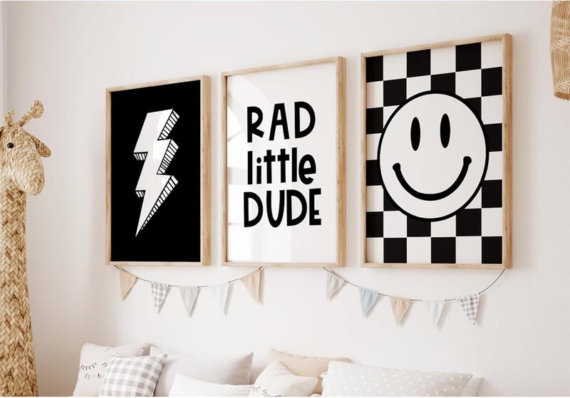 Joocrise Boys Room Wall Art Decor Set of 3 Toddler Nursery Canvas Wall Art Baby Kids Wall Decor Black Checkered Smiley Poster Pictures Retro Playroom Rad Little Dude Art Prints for Bedroom 12x16 Inch Unframed - Image 1