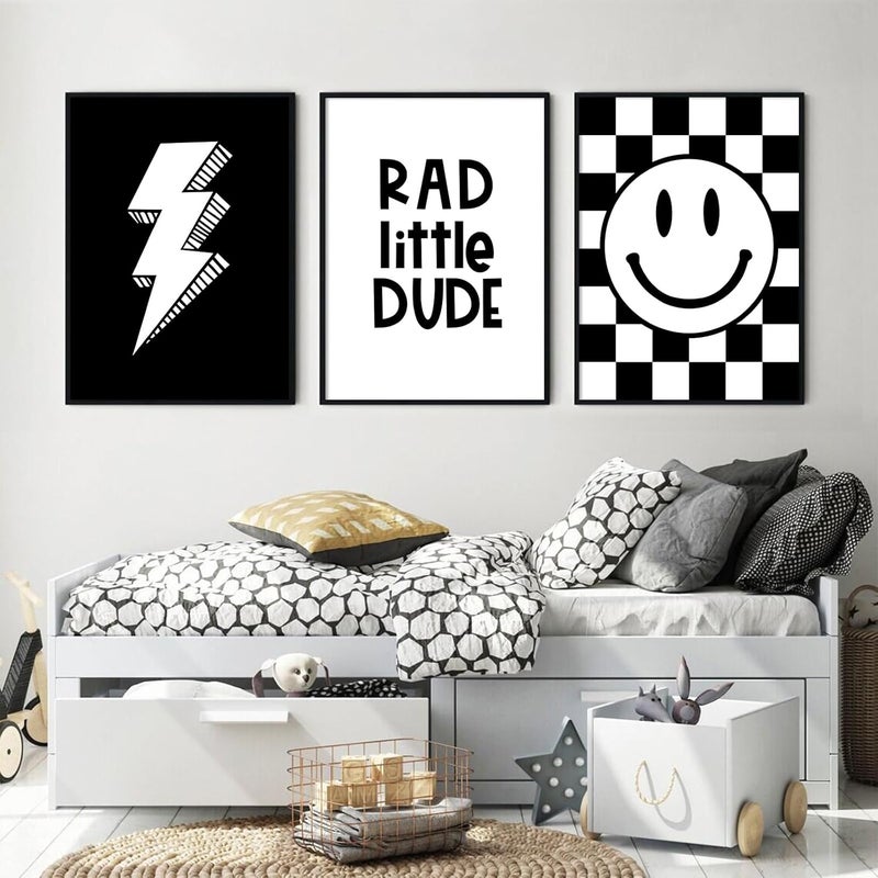 Joocrise Boys Room Wall Art Decor Set of 3 Toddler Nursery Canvas Wall Art Baby Kids Wall Decor Black Checkered Smiley Poster Pictures Retro Playroom Rad Little Dude Art Prints for Bedroom 12x16 Inch Unframed - Image 5