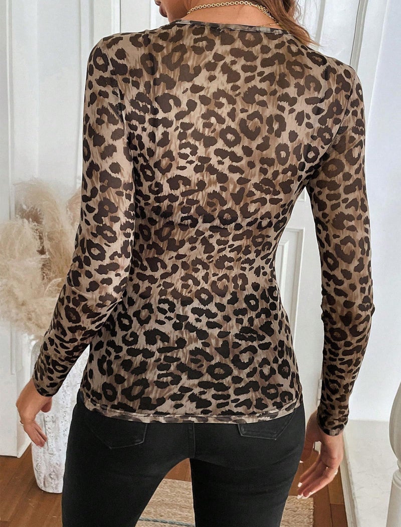 OFEEFAN Leopard Print Tops for Women Chocolate Brown Fall Clothes Fashion 2026 Mesh Long Sleeve Tops Sexy Top Lace Sheer Undershirt Slim Fitted Crewneck Shirts See Through Blouses Clubwear XL - Image 3