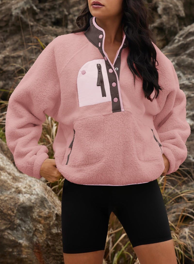 Yanekop Fleece Pullover Women Oversized Button Down Sweatshirts Cozy Fall Sweaters Long Sleeve V Neck Sweaters(Dusty Pink Purple,XS) - Image 5