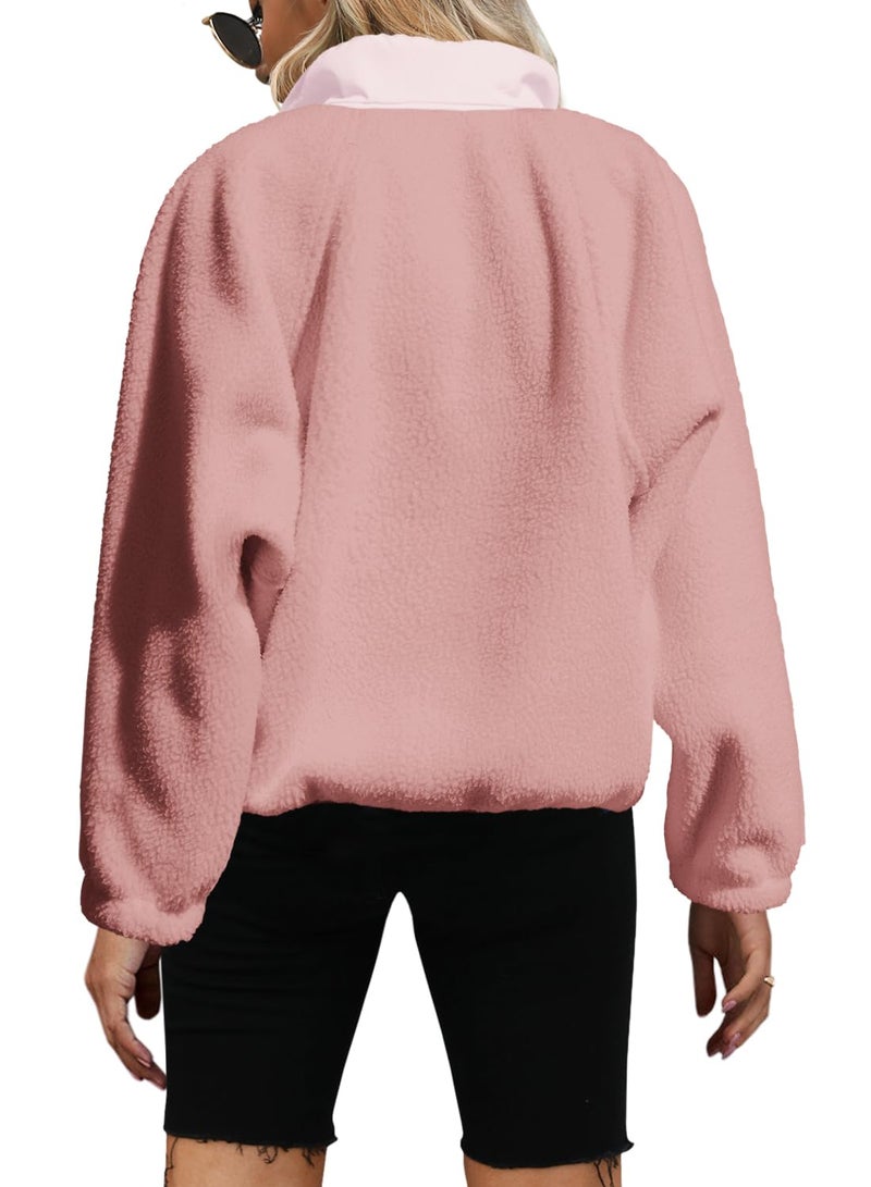 Yanekop Fleece Pullover Women Oversized Button Down Sweatshirts Cozy Fall Sweaters Long Sleeve V Neck Sweaters(Dusty Pink Purple,XS) - Image 2