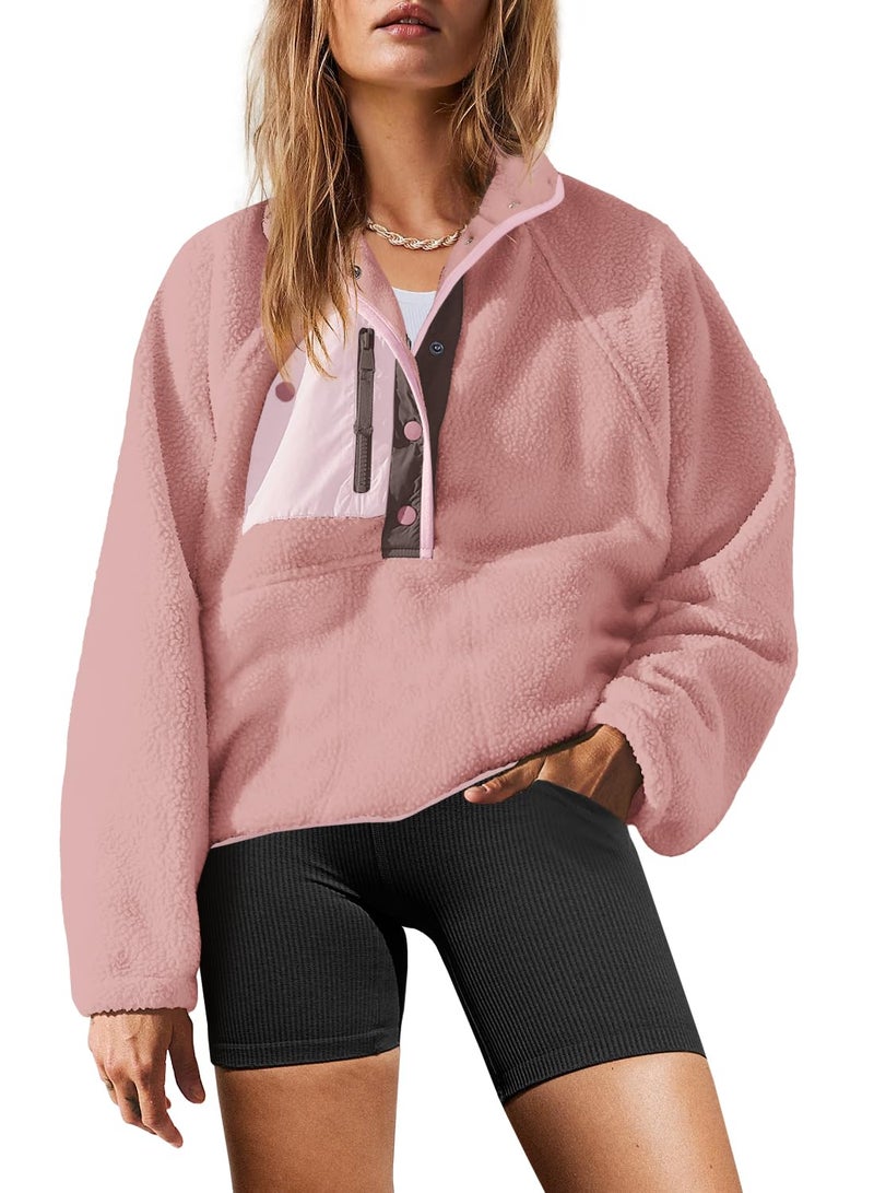 Yanekop Fleece Pullover Women Oversized Button Down Sweatshirts Cozy Fall Sweaters Long Sleeve V Neck Sweaters(Dusty Pink Purple,XS) - Image 1