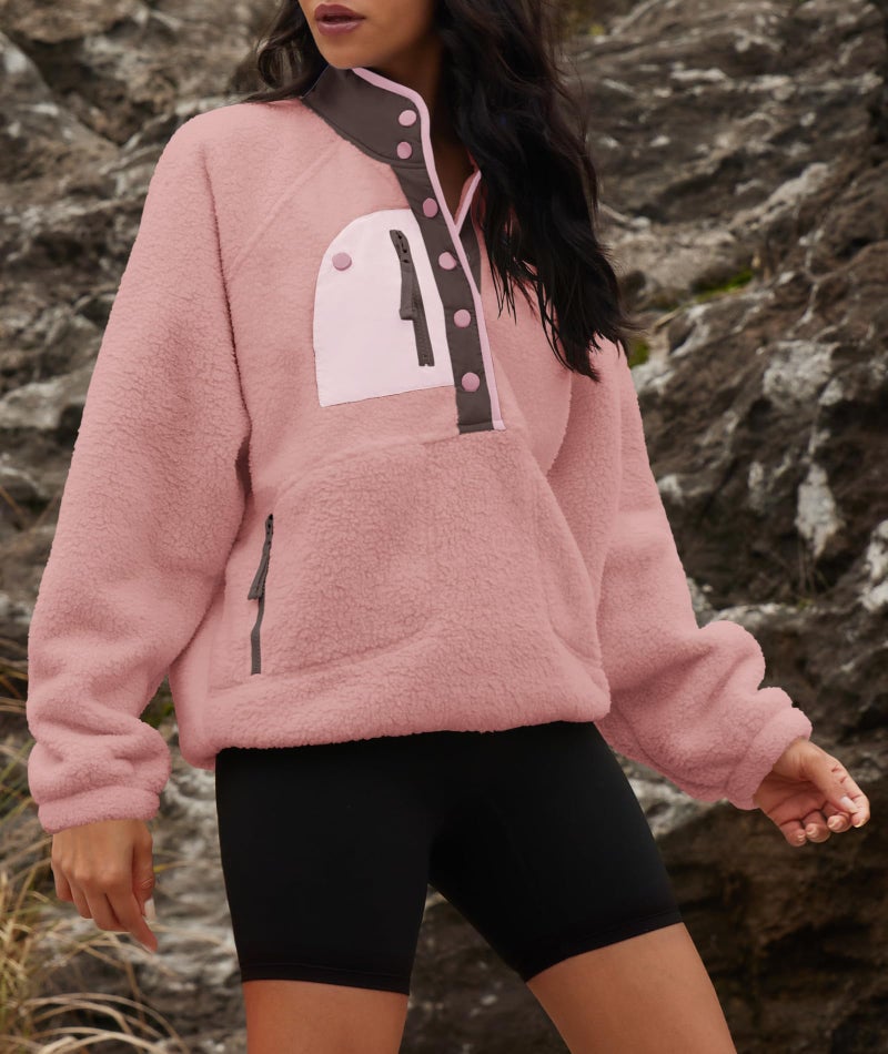 Yanekop Fleece Pullover Women Oversized Button Down Sweatshirts Cozy Fall Sweaters Long Sleeve V Neck Sweaters(Dusty Pink Purple,XS) - Image 4