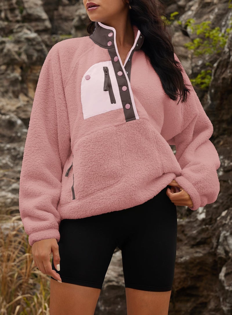 Yanekop Fleece Pullover Women Oversized Button Down Sweatshirts Cozy Fall Sweaters Long Sleeve V Neck Sweaters(Dusty Pink Purple,XS) - Image 3